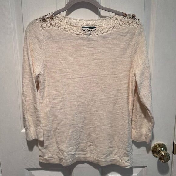 Ralph Lauren Sweaters - Lauren Jeans Company - Ralph Lauren White Sweater with Crochet Neck - Size Small